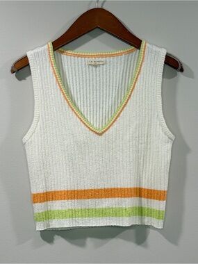 La Hearts Womens White Ribbed V-Neck Tank with Orange & Lime Trim Size M